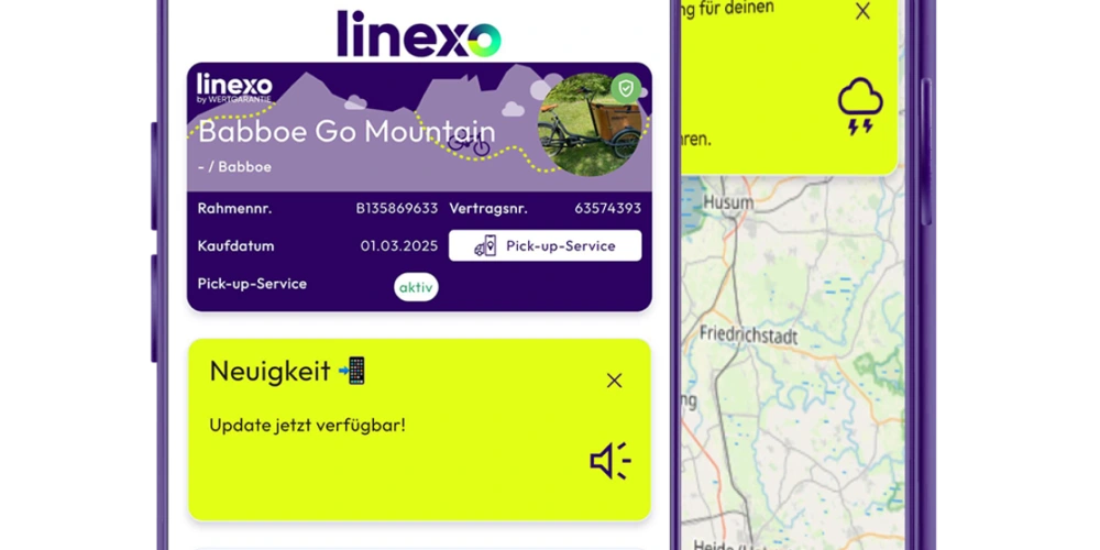 Zwei Smartphones zeigen eine App mit Karten und Nutzerinformationen in lila und gelb.